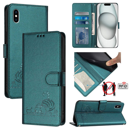 iPhone XS Max Cat & Rat Embossed RFID Leather Case, Lanyard, Wallet, Card Slots, Kickstand, Anti-Fall, Scratch-Resistant
