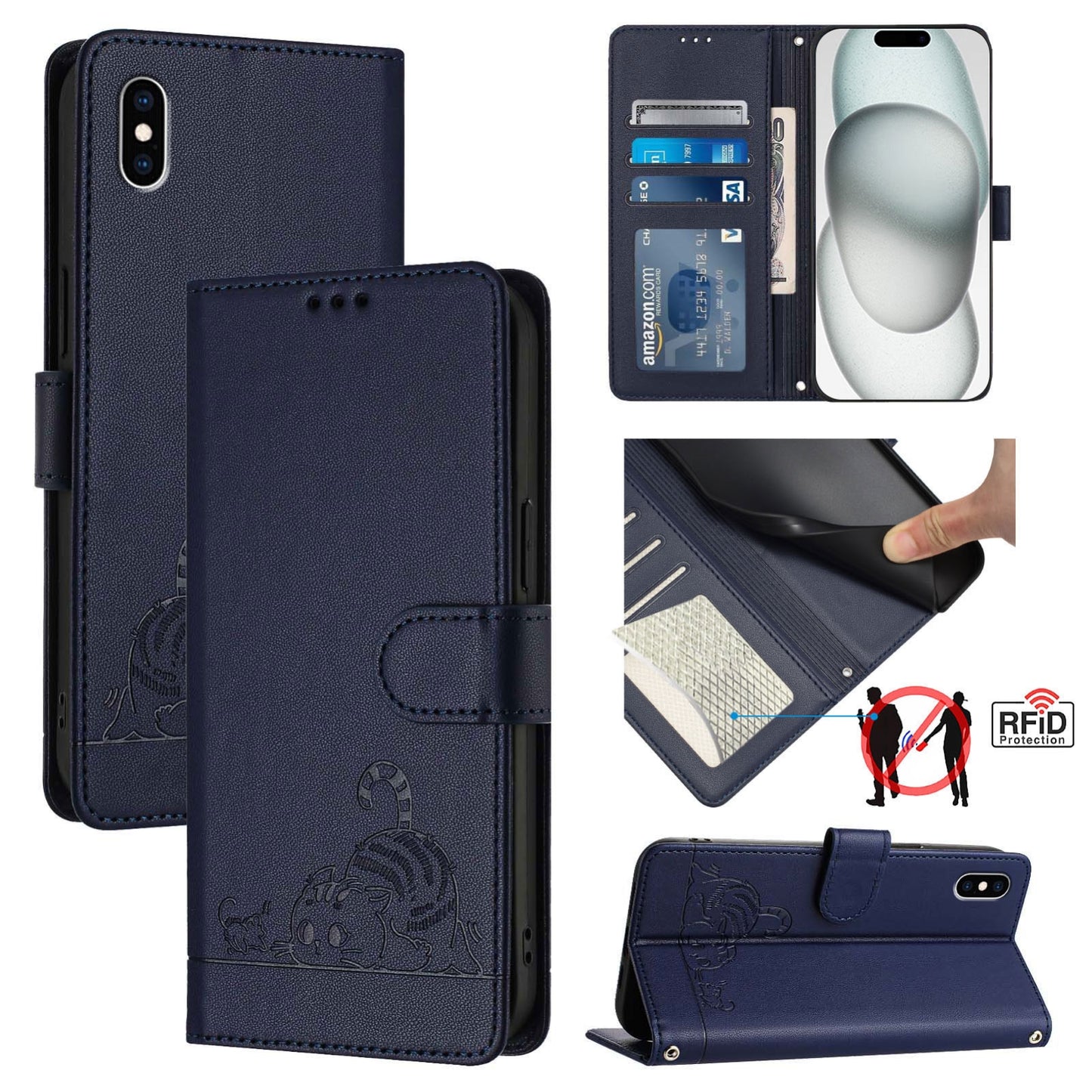 iPhone XS Max Cat & Rat Embossed RFID Leather Case, Lanyard, Wallet, Card Slots, Kickstand, Anti-Fall, Scratch-Resistant