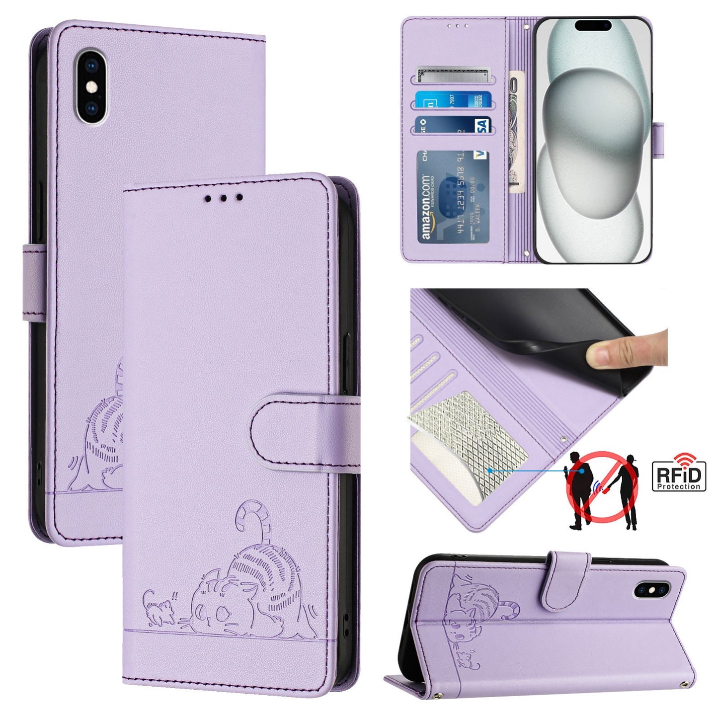iPhone XS Max Cat & Rat Embossed RFID Leather Case, Lanyard, Wallet, Card Slots, Kickstand, Anti-Fall, Scratch-Resistant