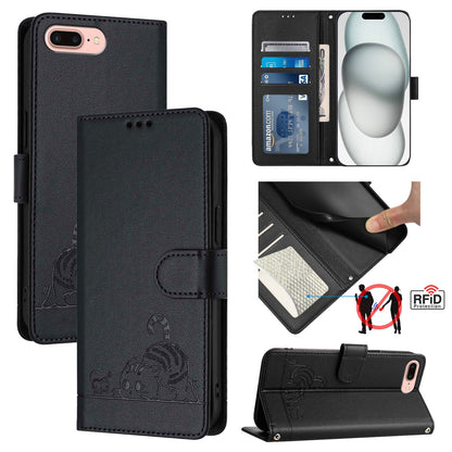 iPhone 7 Plus Cat & Rat Embossed RFID Leather Case, Lanyard, Wallet, Card Slots, Kickstand, Anti-Fall, Scratch-Resistant