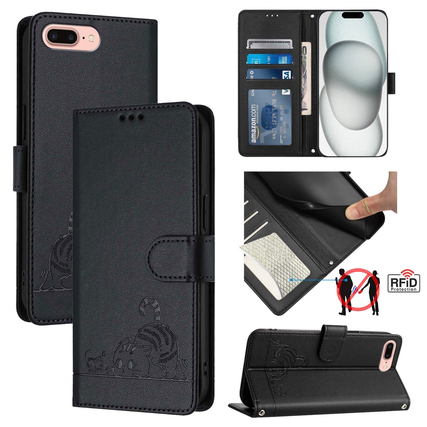 iPhone 8 Plus Cat & Rat Embossed RFID Leather Case, Lanyard, Wallet, Card Slots, Kickstand, Anti-Fall, Scratch-Resistant