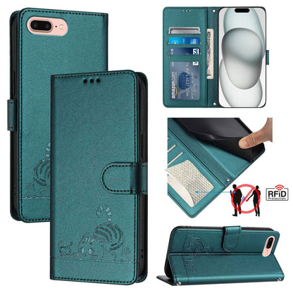 iPhone 7 Plus Cat & Rat Embossed RFID Leather Case, Lanyard, Wallet, Card Slots, Kickstand, Anti-Fall, Scratch-Resistant