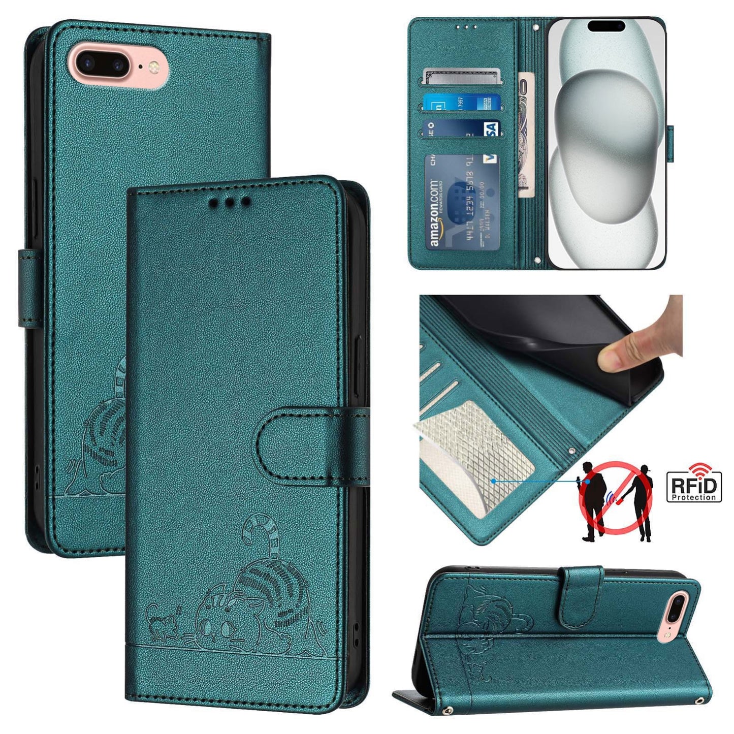 iPhone 8 Plus Cat & Rat Embossed RFID Leather Case, Lanyard, Wallet, Card Slots, Kickstand, Anti-Fall, Scratch-Resistant