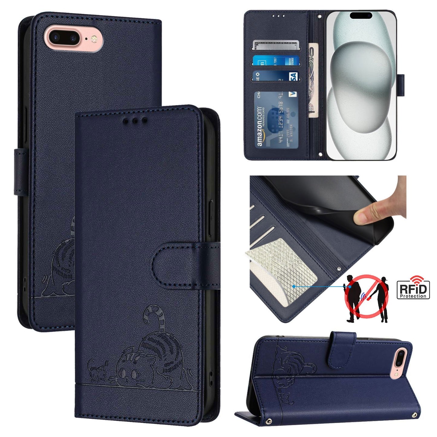 iPhone 7 Plus Cat & Rat Embossed RFID Leather Case, Lanyard, Wallet, Card Slots, Kickstand, Anti-Fall, Scratch-Resistant