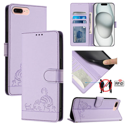 iPhone 8 Plus Cat & Rat Embossed RFID Leather Case, Lanyard, Wallet, Card Slots, Kickstand, Anti-Fall, Scratch-Resistant