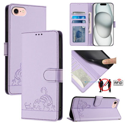 iPhone SE 2024 Cat & Rat Embossed RFID Leather Case, Lanyard, Wallet, Card Slots, Kickstand, Anti-Fall, Scratch-Resistant