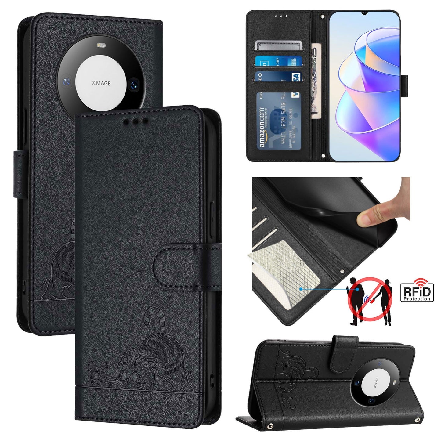 Huawei Mate 60 Cat & Rat Embossed RFID Leather Case, Lanyard, Wallet, Card Slots, Kickstand, Anti-Fall, Scratch-Resistant
