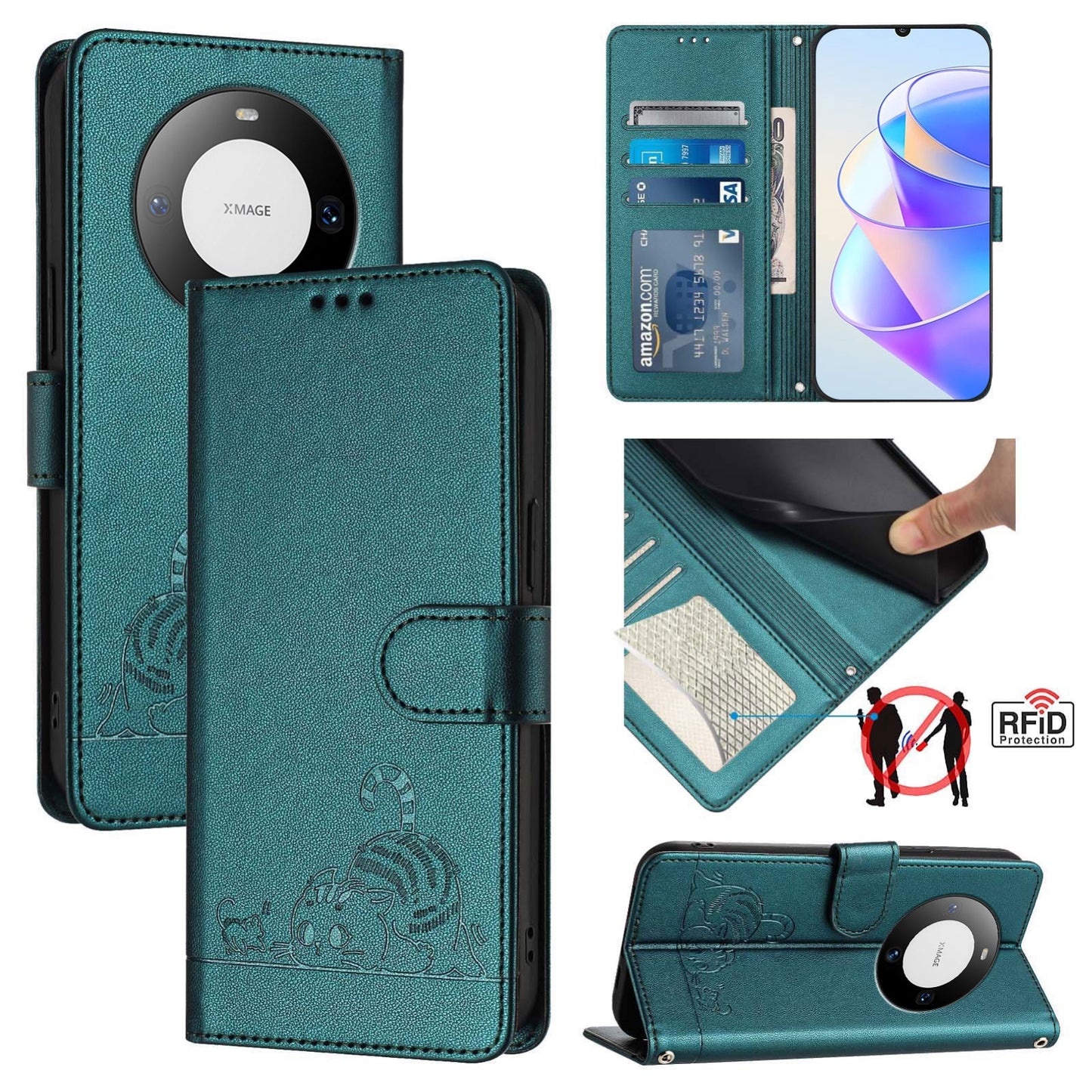 Huawei Mate 60 Cat & Rat Embossed RFID Leather Case, Lanyard, Wallet, Card Slots, Kickstand, Anti-Fall, Scratch-Resistant