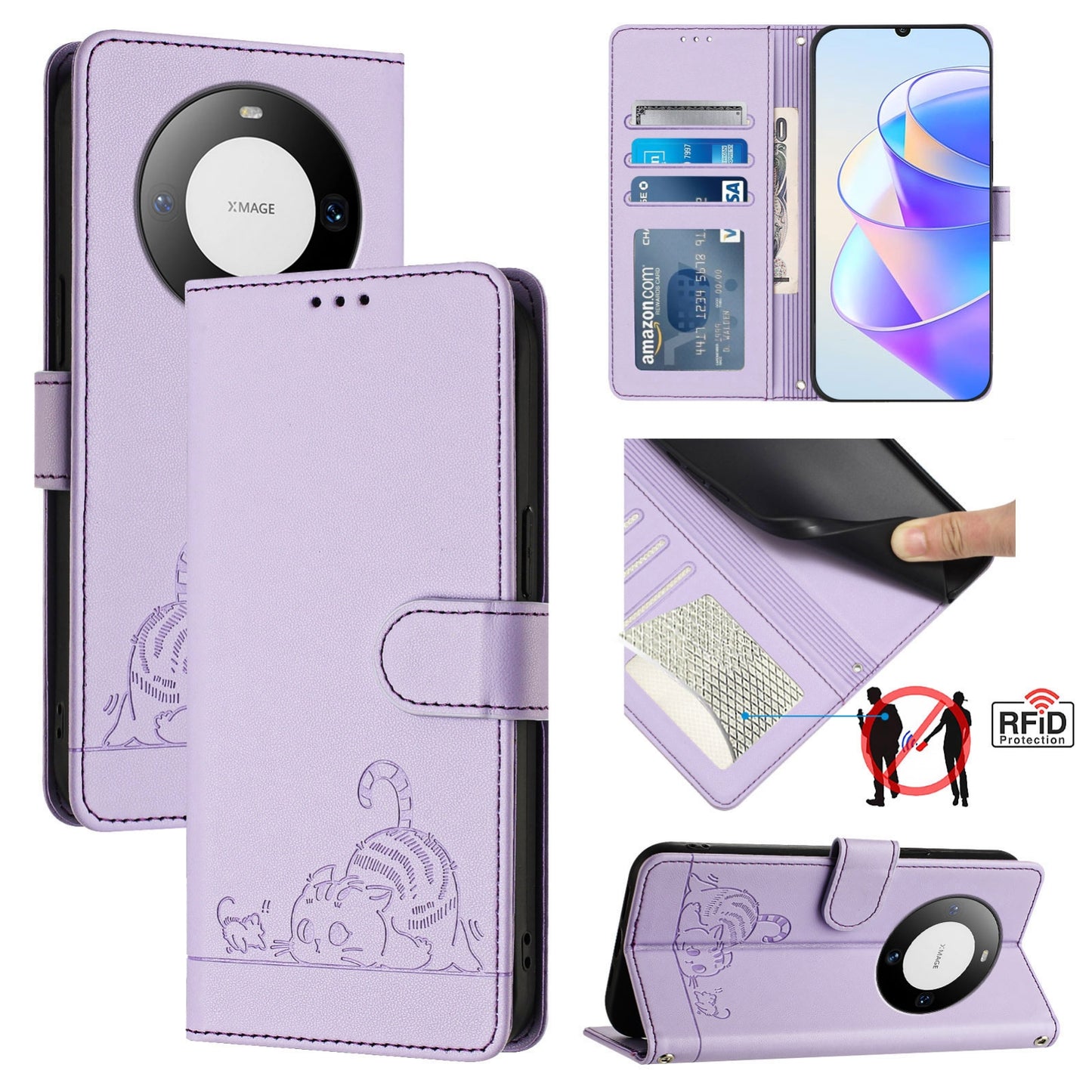 Huawei Mate 60 Cat & Rat Embossed RFID Leather Case, Lanyard, Wallet, Card Slots, Kickstand, Anti-Fall, Scratch-Resistant