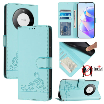 Huawei Mate 60 Pro Cat & Rat Embossed RFID Leather Case, Lanyard, Wallet, Card Slots, Kickstand, Anti-Fall, Scratch-Resistant