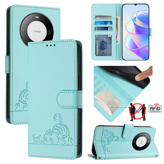Huawei Mate 60 Pro Cat & Rat Embossed RFID Leather Case, Lanyard, Wallet, Card Slots, Kickstand, Anti-Fall, Scratch-Resistant