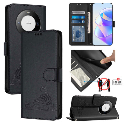 Huawei Mate 60 Pro+ Cat & Rat Embossed RFID Leather Case, Lanyard, Wallet, Card Slots, Kickstand, Anti-Fall, Scratch-Resistant