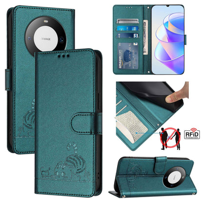 Huawei Mate 60 Pro Cat & Rat Embossed RFID Leather Case, Lanyard, Wallet, Card Slots, Kickstand, Anti-Fall, Scratch-Resistant