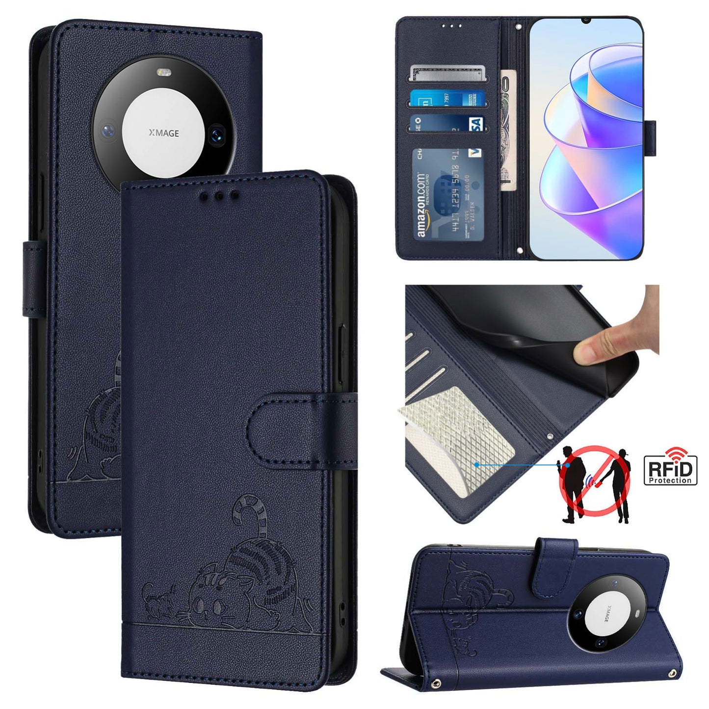 Huawei Mate 60 Pro+ Cat & Rat Embossed RFID Leather Case, Lanyard, Wallet, Card Slots, Kickstand, Anti-Fall, Scratch-Resistant