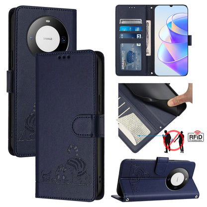 Huawei Mate 60 Pro Cat & Rat Embossed RFID Leather Case, Lanyard, Wallet, Card Slots, Kickstand, Anti-Fall, Scratch-Resistant