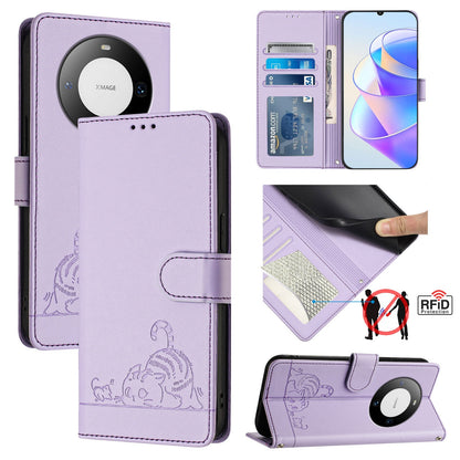 Huawei Mate 60 Pro+ Cat & Rat Embossed RFID Leather Case, Lanyard, Wallet, Card Slots, Kickstand, Anti-Fall, Scratch-Resistant