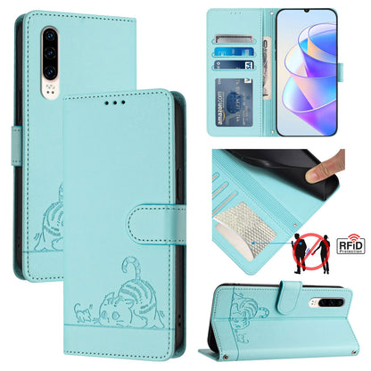 Huawei P30 Cat & Rat Embossed RFID Leather Case, Lanyard, Wallet, Card Slots, Kickstand, Anti-Fall, Scratch-Resistant