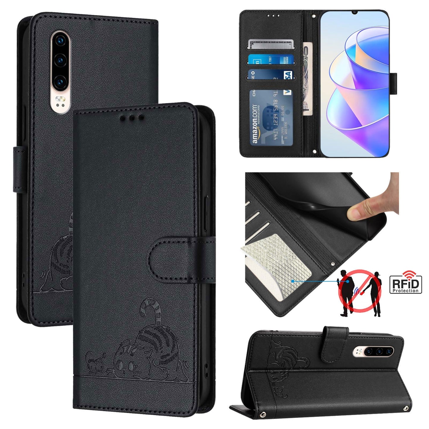 Huawei P30 Cat & Rat Embossed RFID Leather Case, Lanyard, Wallet, Card Slots, Kickstand, Anti-Fall, Scratch-Resistant
