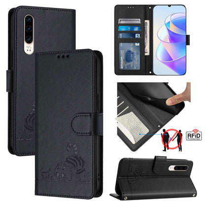 Huawei P30 Cat & Rat Embossed RFID Leather Case, Lanyard, Wallet, Card Slots, Kickstand, Anti-Fall, Scratch-Resistant