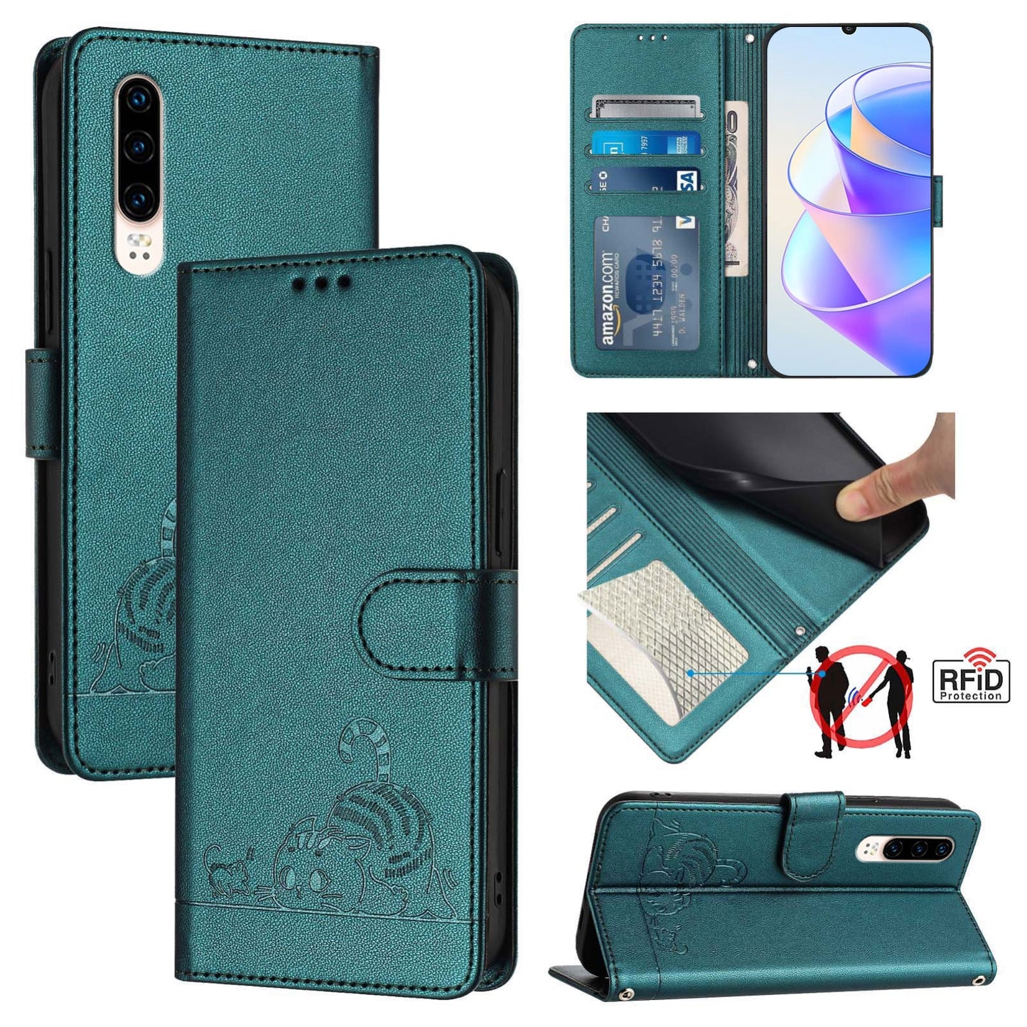 Huawei P30 Cat & Rat Embossed RFID Leather Case, Lanyard, Wallet, Card Slots, Kickstand, Anti-Fall, Scratch-Resistant