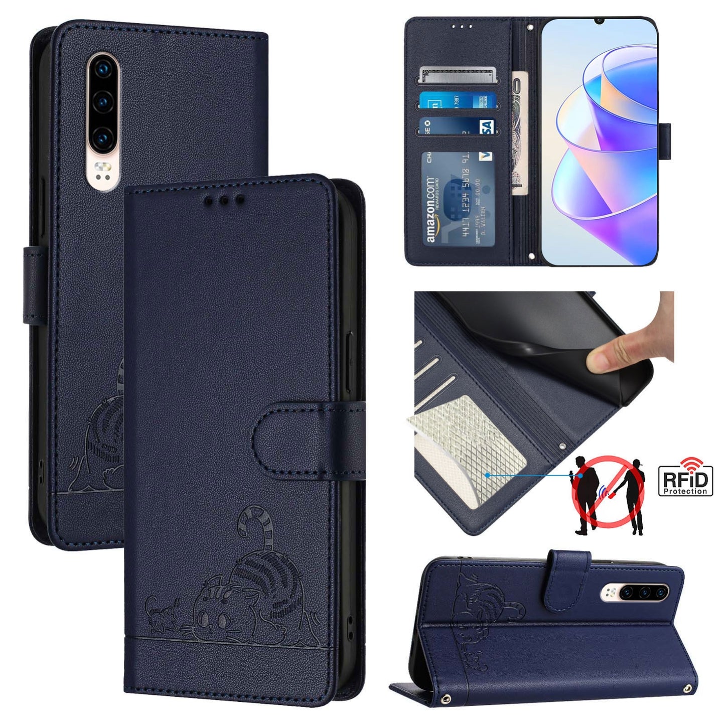 Huawei P30 Cat & Rat Embossed RFID Leather Case, Lanyard, Wallet, Card Slots, Kickstand, Anti-Fall, Scratch-Resistant