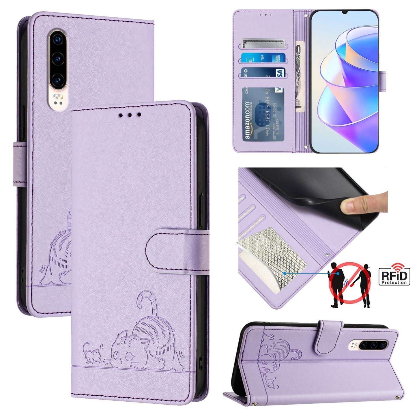 Huawei P30 Cat & Rat Embossed RFID Leather Case, Lanyard, Wallet, Card Slots, Kickstand, Anti-Fall, Scratch-Resistant