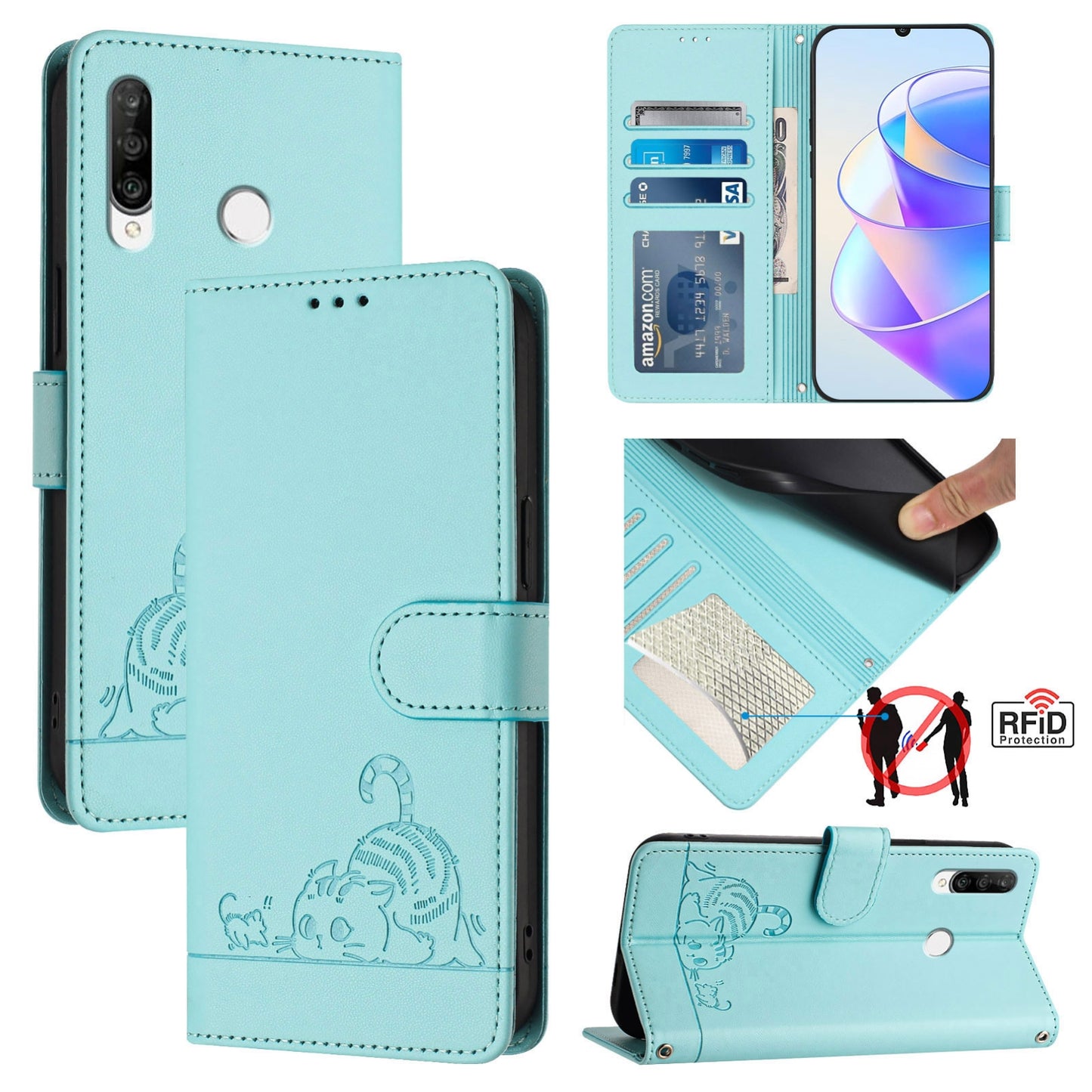 Huawei Nova 4e Cat & Rat Embossed RFID Leather Case, Lanyard, Wallet, Card Slots, Kickstand, Anti-Fall, Scratch-Resistant