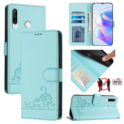 Huawei Nova 4e Cat & Rat Embossed RFID Leather Case, Lanyard, Wallet, Card Slots, Kickstand, Anti-Fall, Scratch-Resistant