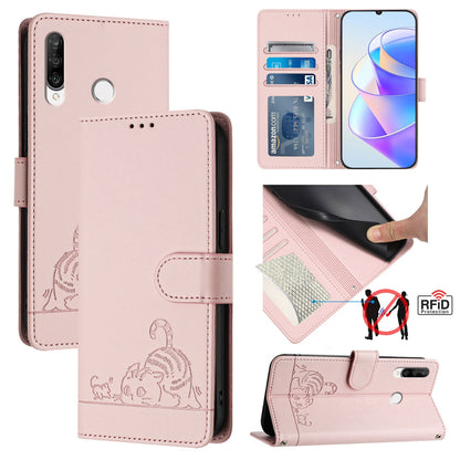 Huawei P30 Lite Cat & Rat Embossed RFID Leather Case, Lanyard, Wallet, Card Slots, Kickstand, Anti-Fall, Scratch-Resistant
