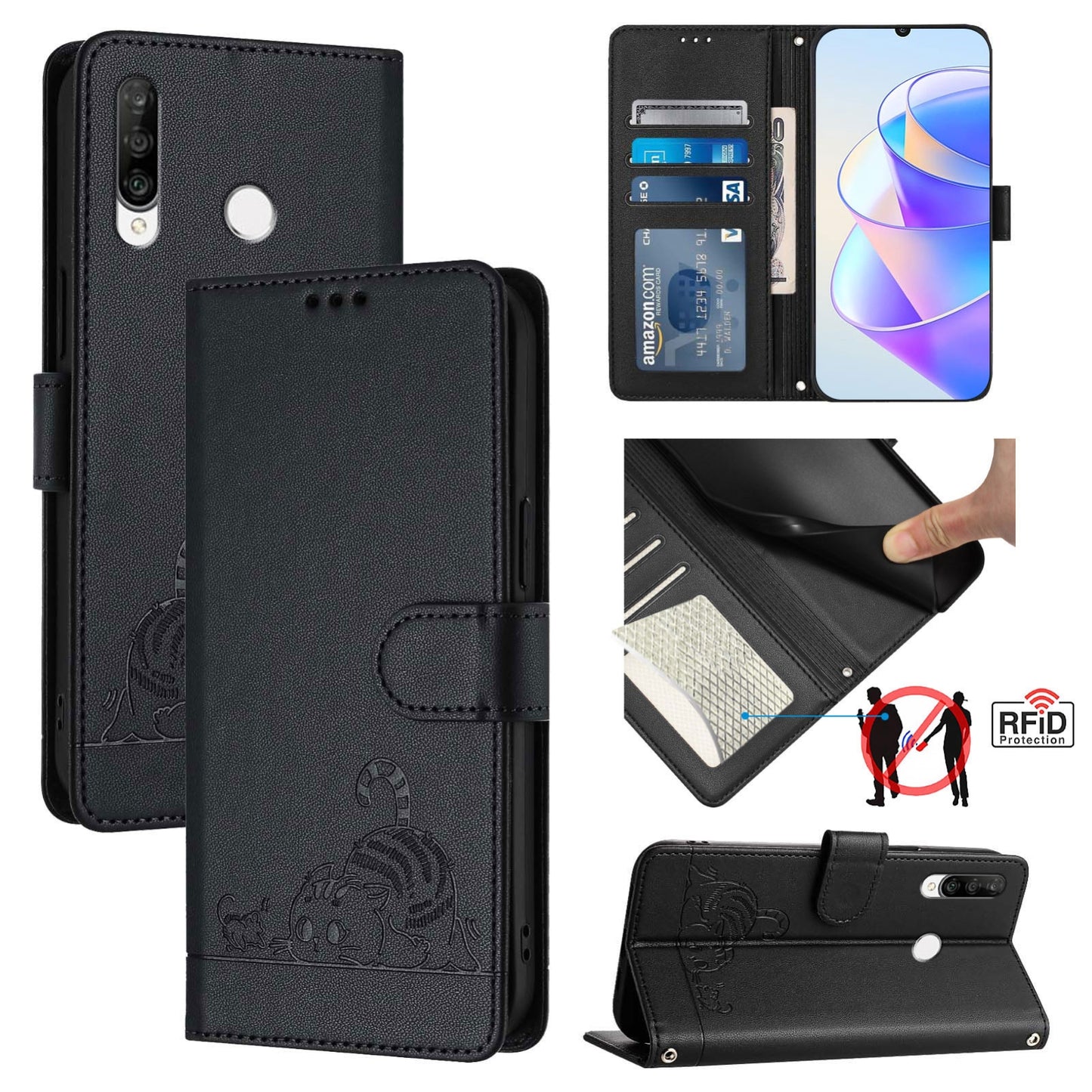 Huawei P30 Lite Cat & Rat Embossed RFID Leather Case, Lanyard, Wallet, Card Slots, Kickstand, Anti-Fall, Scratch-Resistant