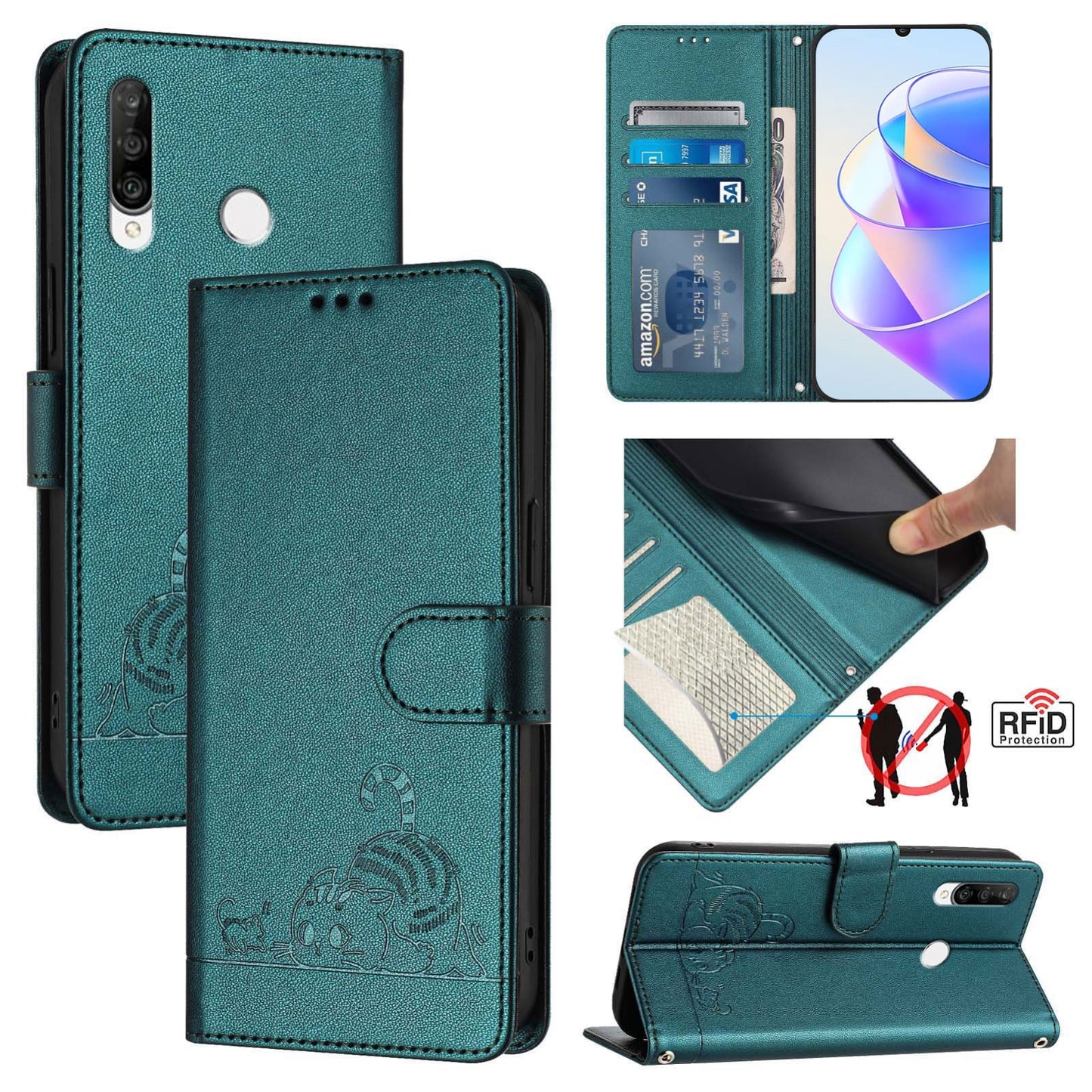 Huawei Nova 4e Cat & Rat Embossed RFID Leather Case, Lanyard, Wallet, Card Slots, Kickstand, Anti-Fall, Scratch-Resistant