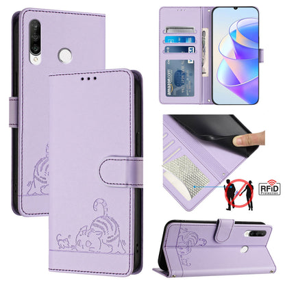 Huawei P30 Lite Cat & Rat Embossed RFID Leather Case, Lanyard, Wallet, Card Slots, Kickstand, Anti-Fall, Scratch-Resistant