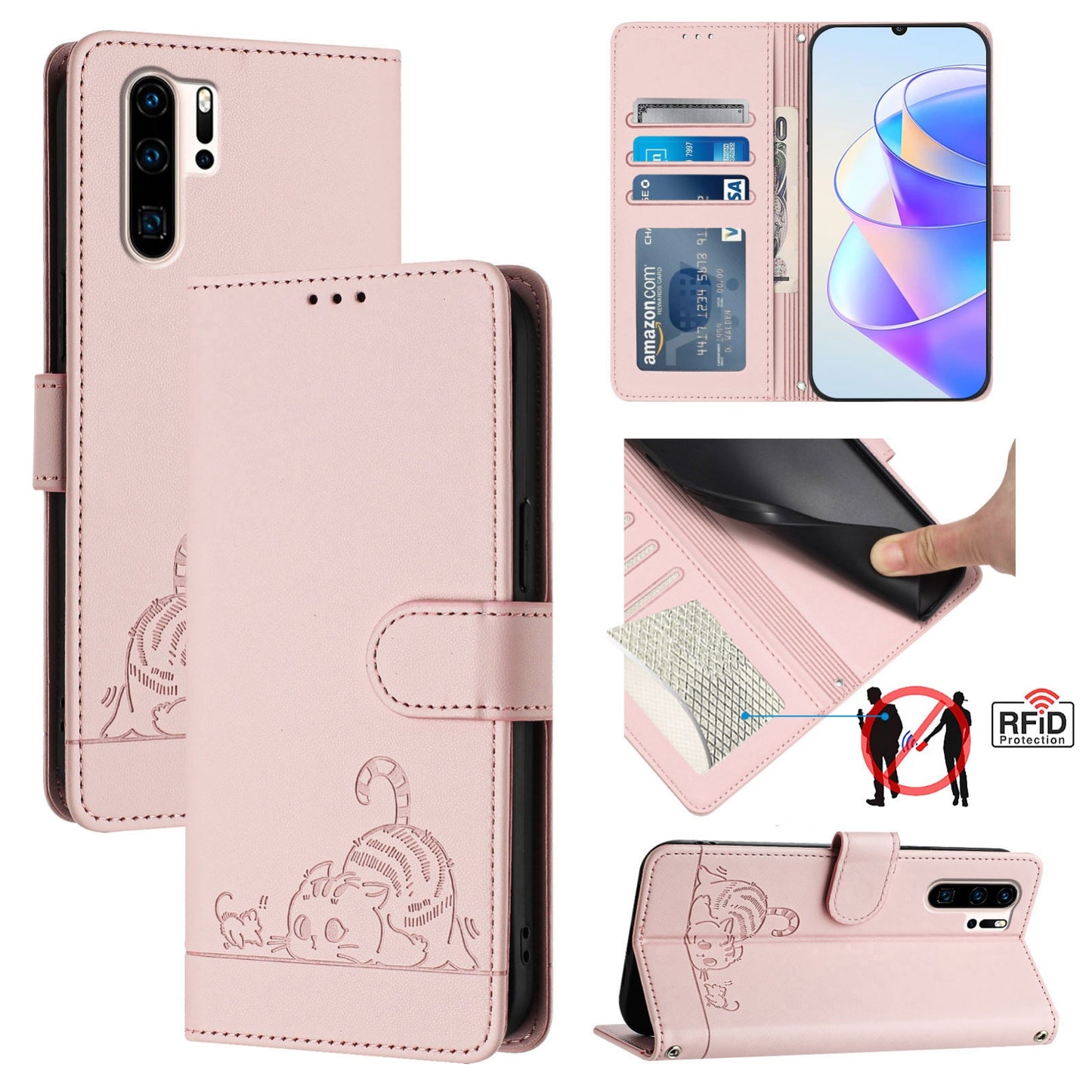 Huawei P30 Pro Cat & Rat Embossed RFID Leather Case, Lanyard, Wallet, Card Slots, Kickstand, Anti-Fall, Scratch-Resistant