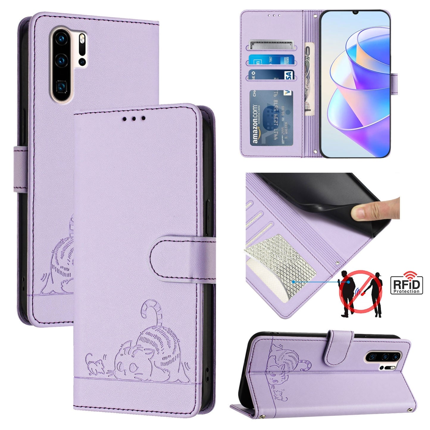 Huawei P30 Pro Cat & Rat Embossed RFID Leather Case, Lanyard, Wallet, Card Slots, Kickstand, Anti-Fall, Scratch-Resistant
