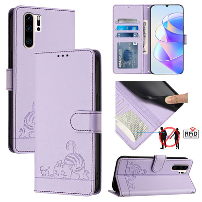 Huawei P30 Pro Cat & Rat Embossed RFID Leather Case, Lanyard, Wallet, Card Slots, Kickstand, Anti-Fall, Scratch-Resistant