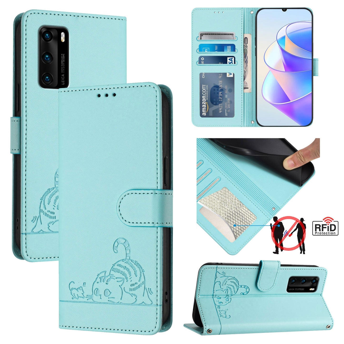 Huawei P40 Cat & Rat Embossed RFID Leather Case, Lanyard, Wallet, Card Slots, Kickstand, Anti-Fall, Scratch-Resistant