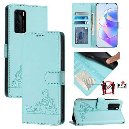 Huawei P40 Cat & Rat Embossed RFID Leather Case, Lanyard, Wallet, Card Slots, Kickstand, Anti-Fall, Scratch-Resistant