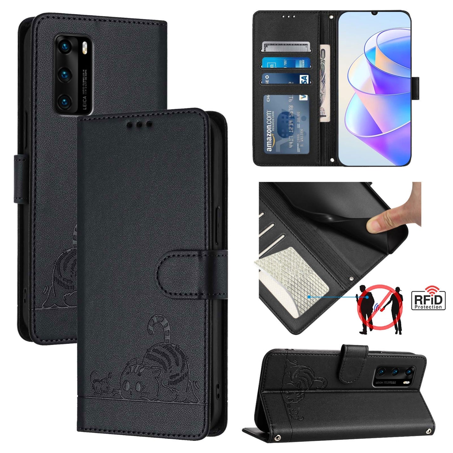 Huawei P40 Cat & Rat Embossed RFID Leather Case, Lanyard, Wallet, Card Slots, Kickstand, Anti-Fall, Scratch-Resistant