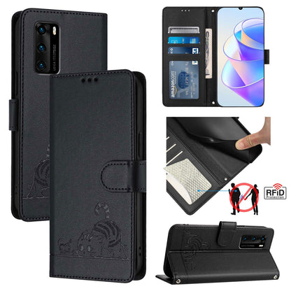 Huawei P40 Cat & Rat Embossed RFID Leather Case, Lanyard, Wallet, Card Slots, Kickstand, Anti-Fall, Scratch-Resistant