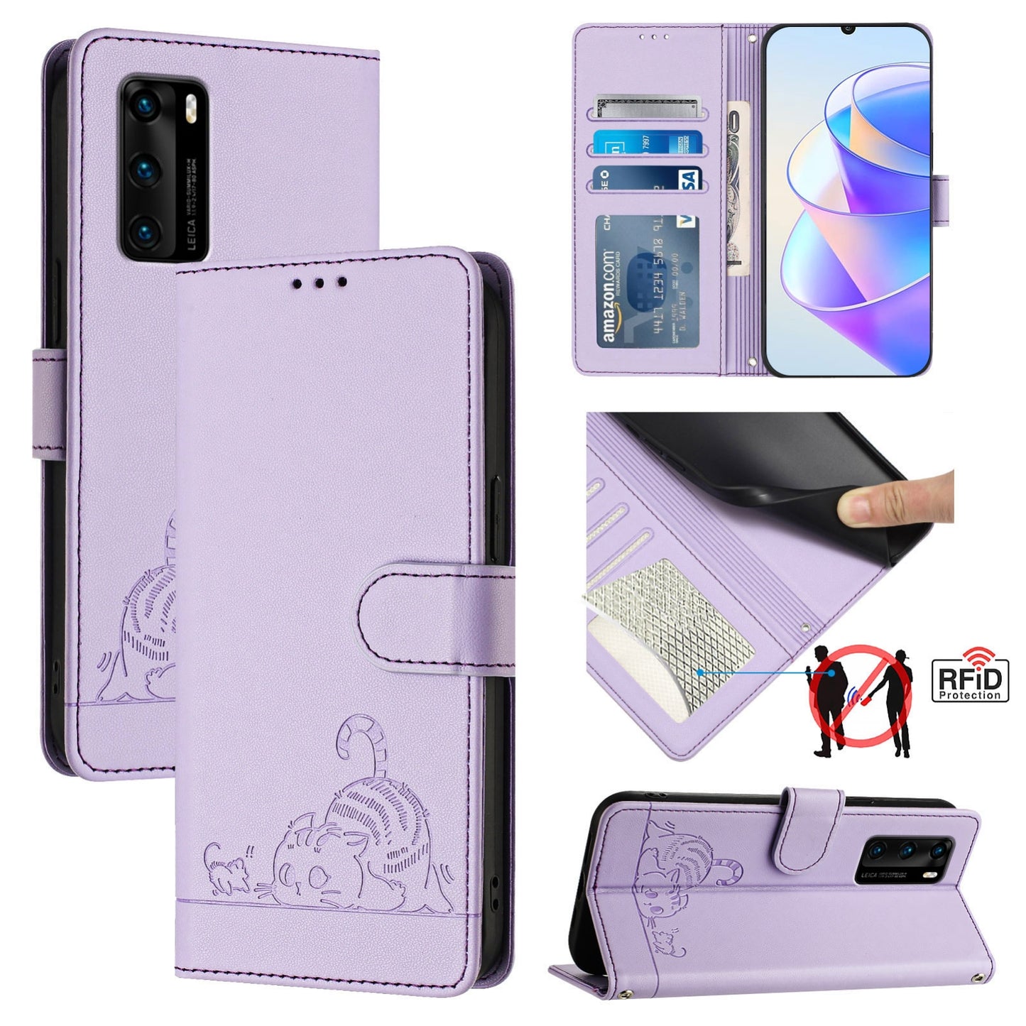 Huawei P40 Cat & Rat Embossed RFID Leather Case, Lanyard, Wallet, Card Slots, Kickstand, Anti-Fall, Scratch-Resistant