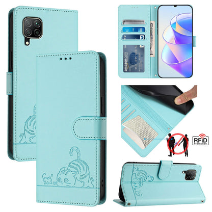 Huawei P40 lite 4G Cat & Rat Embossed RFID Leather Case, Lanyard, Wallet, Card Slots, Kickstand, Anti-Fall, Scratch-Resistant