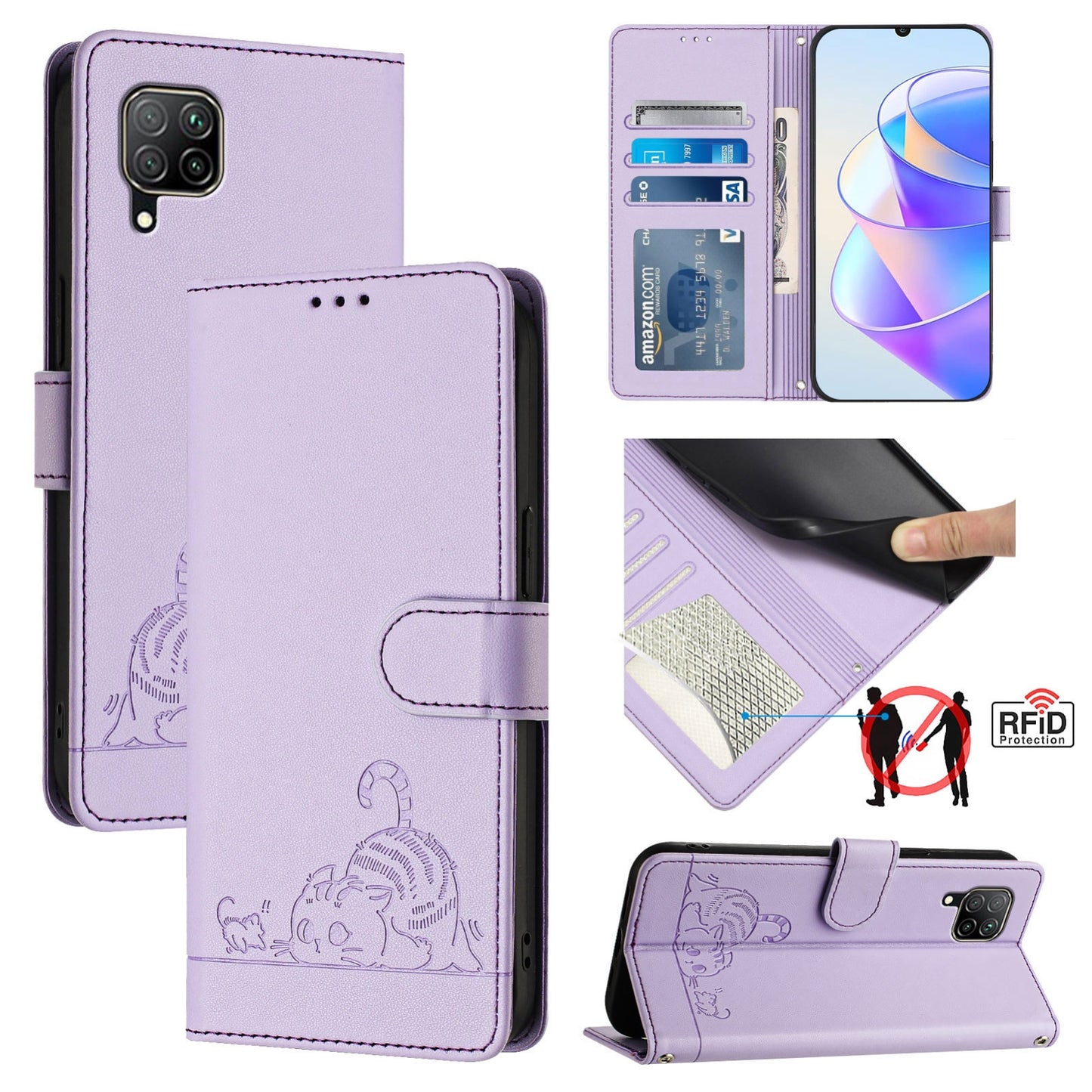 Huawei P40 lite 4G Cat & Rat Embossed RFID Leather Case, Lanyard, Wallet, Card Slots, Kickstand, Anti-Fall, Scratch-Resistant