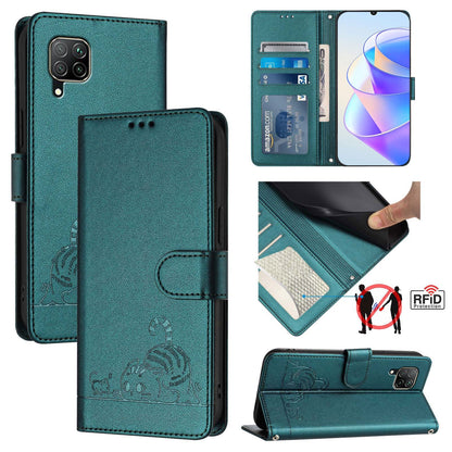 Huawei nova 6 SE Cat & Rat Embossed RFID Leather Case, Lanyard, Wallet, Card Slots, Kickstand, Anti-Fall, Scratch-Resistant