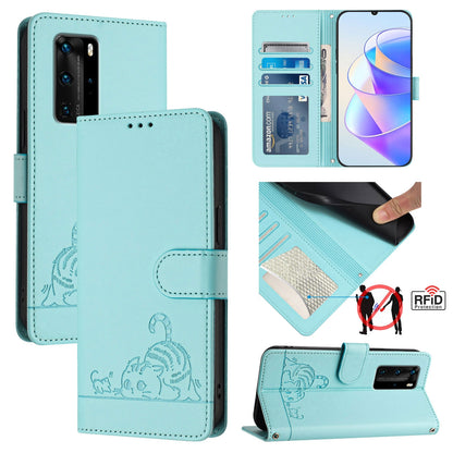 Huawei P40 Pro Cat & Rat Embossed RFID Leather Case, Lanyard, Wallet, Card Slots, Kickstand, Anti-Fall, Scratch-Resistant