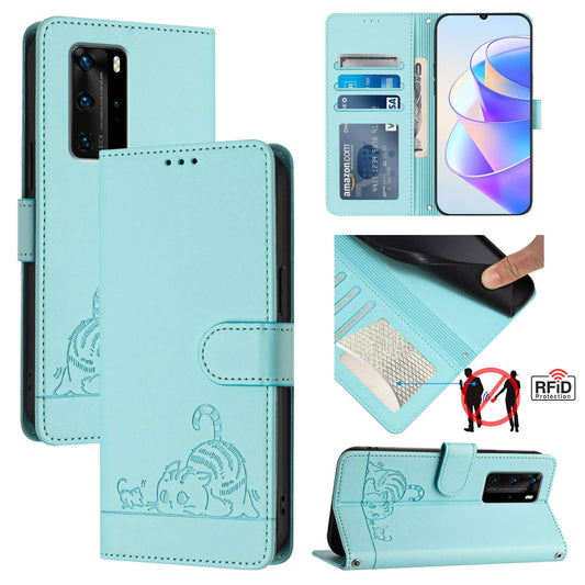 Huawei P40 Pro Cat & Rat Embossed RFID Leather Case, Lanyard, Wallet, Card Slots, Kickstand, Anti-Fall, Scratch-Resistant