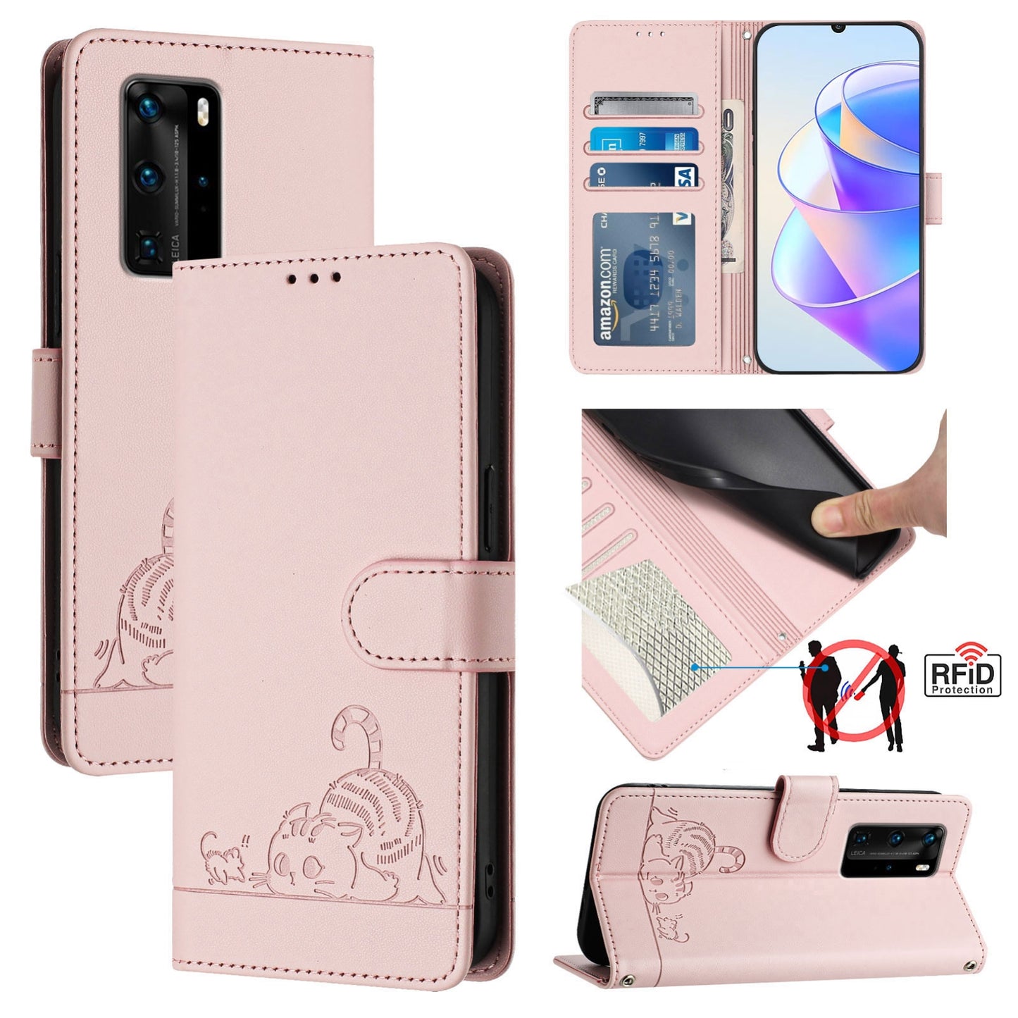 Huawei P40 Pro Cat & Rat Embossed RFID Leather Case, Lanyard, Wallet, Card Slots, Kickstand, Anti-Fall, Scratch-Resistant