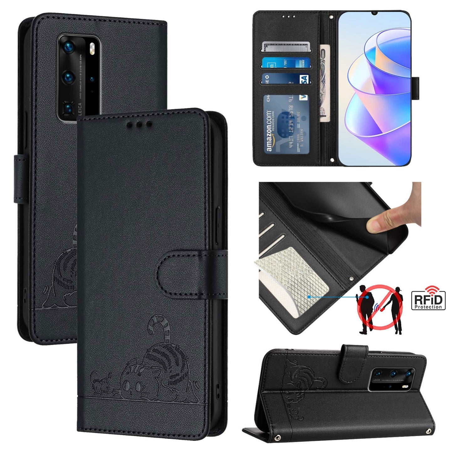Huawei P40 Pro Cat & Rat Embossed RFID Leather Case, Lanyard, Wallet, Card Slots, Kickstand, Anti-Fall, Scratch-Resistant