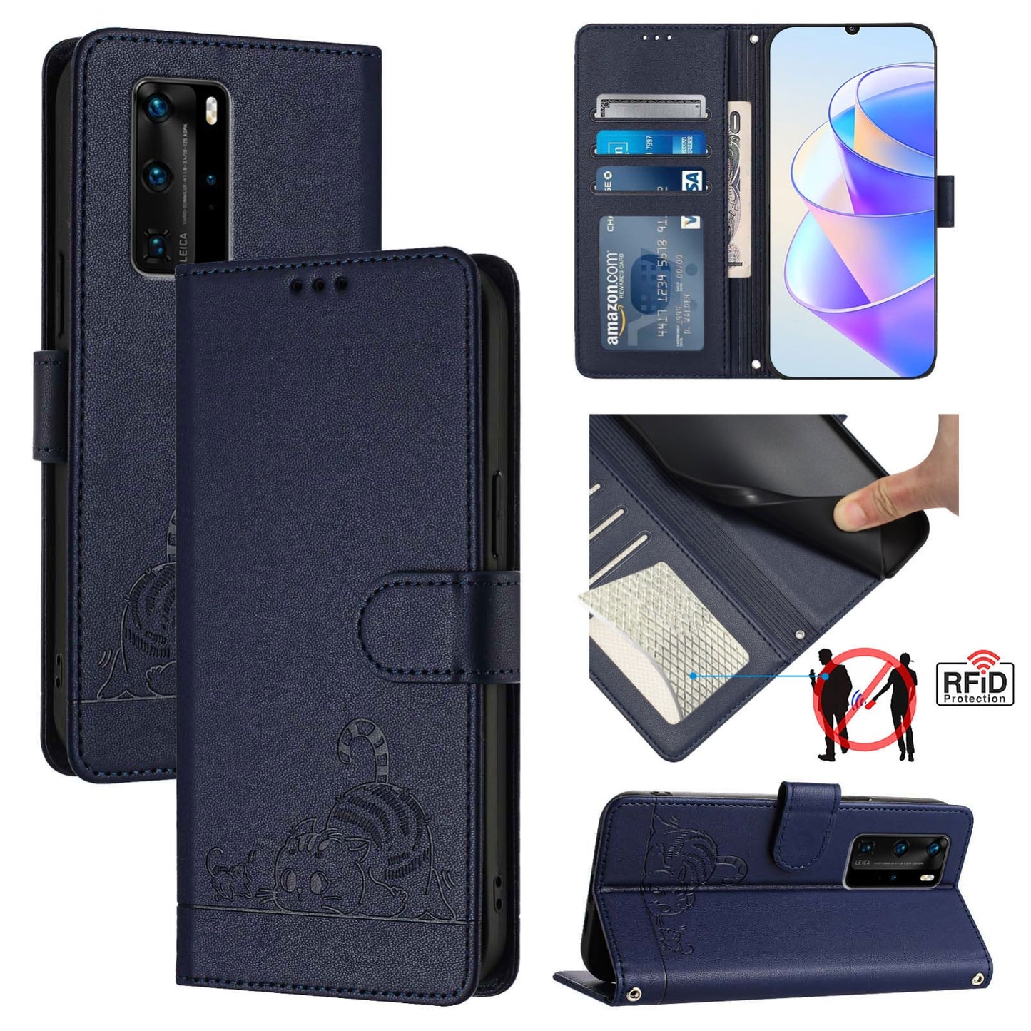 Huawei P40 Pro Cat & Rat Embossed RFID Leather Case, Lanyard, Wallet, Card Slots, Kickstand, Anti-Fall, Scratch-Resistant