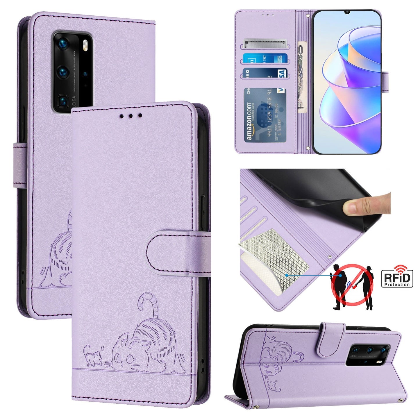 Huawei P40 Pro Cat & Rat Embossed RFID Leather Case, Lanyard, Wallet, Card Slots, Kickstand, Anti-Fall, Scratch-Resistant