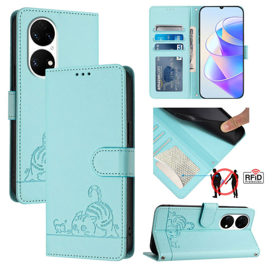 Huawei P50 Cat & Rat Embossed RFID Leather Case, Lanyard, Wallet, Card Slots, Kickstand, Anti-Fall, Scratch-Resistant